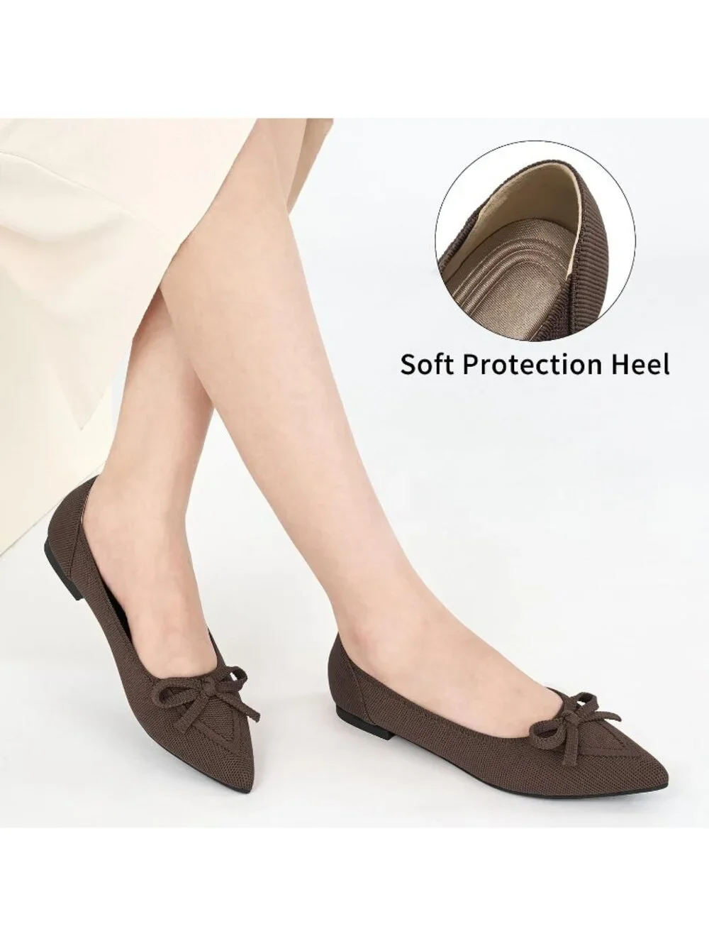 Women's Brown Ballet Flats Shoes Dressy Pointed Toe Bow Knit Flats Comfortable